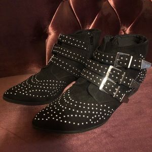 Black western buckle booties with silver accents